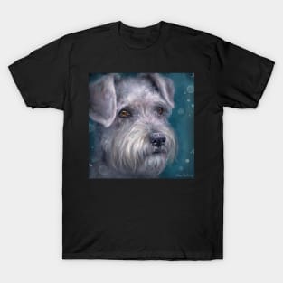 Painting of a White Schnauzer on Blue Background T-Shirt